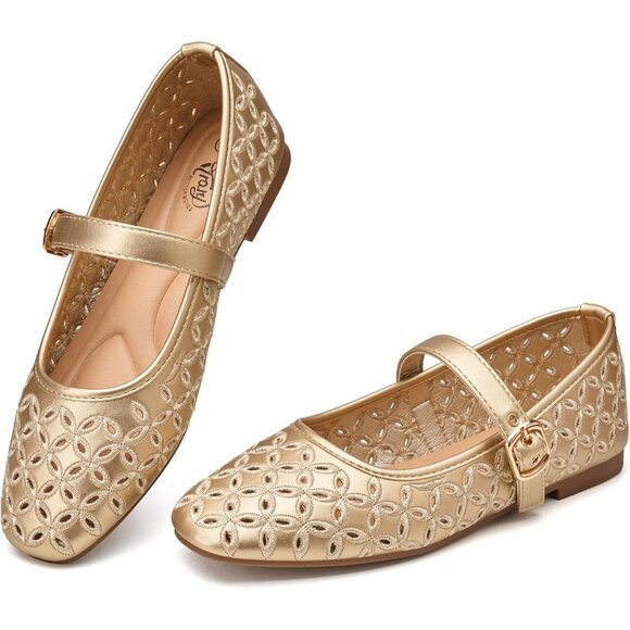 Women's Gold Ballet Squared Toe Ankle Strap PU Comfortable Dressy Flats Shoes - Picture 1 of 6